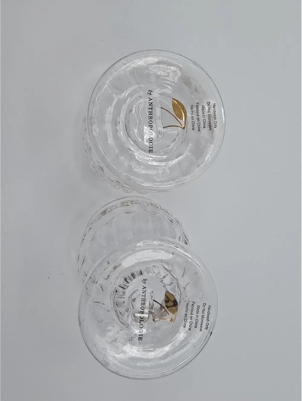 Anthropologie Clear Glass Pedestal Goblets Gold Leaf Pattern Set of 2